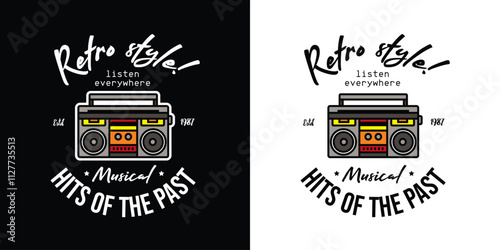 Emblem of the musical retro style. Portable stereo recorder. A boombox. Original vector illustration in vintage style. T-shirt design.