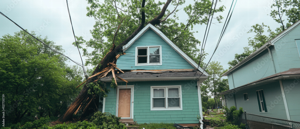 custom made wallpaper toronto digitalStorm damaged house with fallen tree on roof, showcasing nature impact