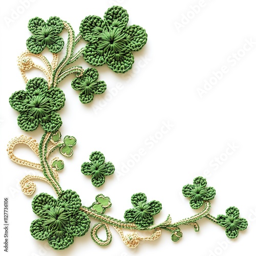 Green crochet shamrock border banner with white background for St. Patrick's Day with copy space photo