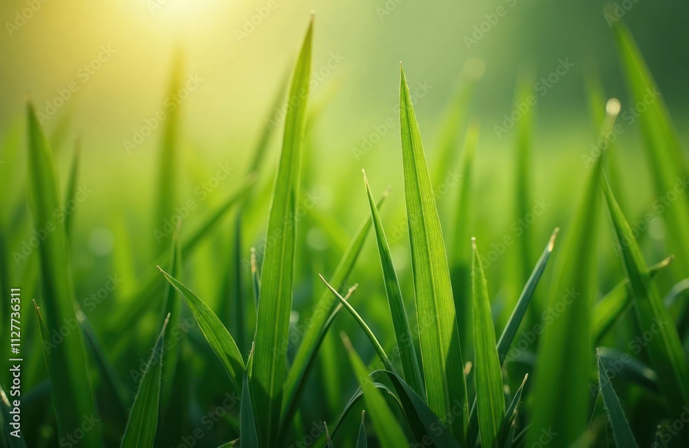 Fototapeta premium Close-up view of vibrant green grass blades. Sunlight highlights details of leaf structures. Freshness, vitality of nature evident. Perfect for eco-friendly projects. Ideal for gardening, landscaping