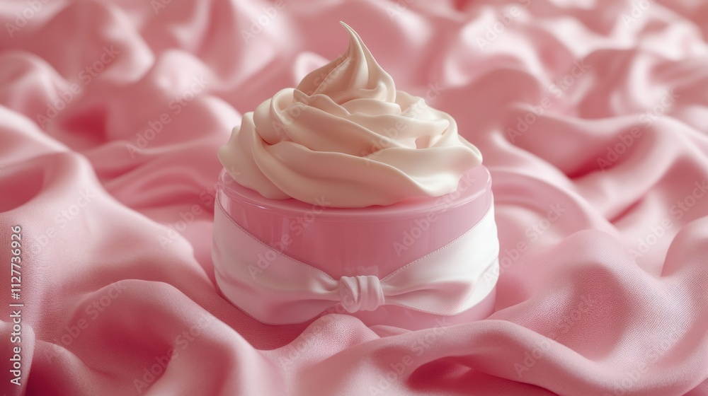 Pink cream in jar with ribbon on silk. Pink cream in jar with ribbon on silk.