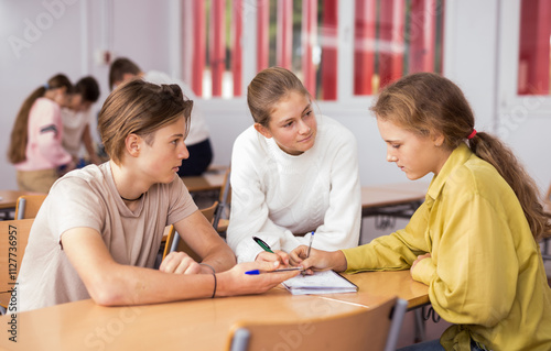 Teenagers doing group tasks during lesson in school and discussing solution.