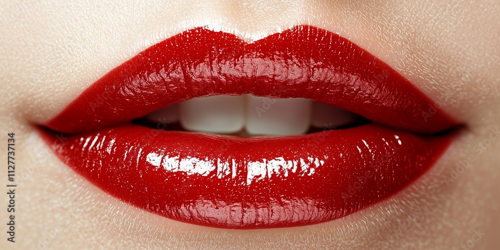Obraz premium a snow-white smile and lips painted with red lipstick