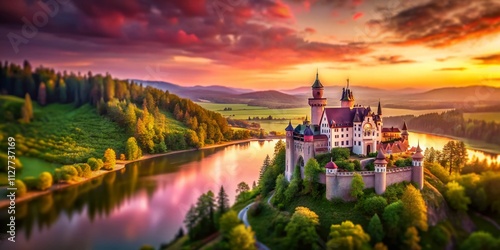 Enchanting Tilt-Shift Photography of a Dreamy Pink Sky Castle Surrounded by Lush Landscapes and Serene Waters, Capturing the Essence of Fantasy and Whimsy in Nature's Splendor