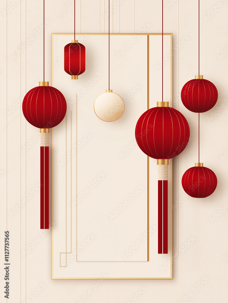 Seollal, Traditional Korean Lunar New Year Lantern template, white and gold minimalist interior design, with red hanging lanterns, with a serene and elegant feel, for Chinese New Year Seollal, Traditional Korean Lunar New Year Lantern template, white and gold minimalist interior design, with red hanging lanterns, with a serene and elegant feel, for Chinese New Year