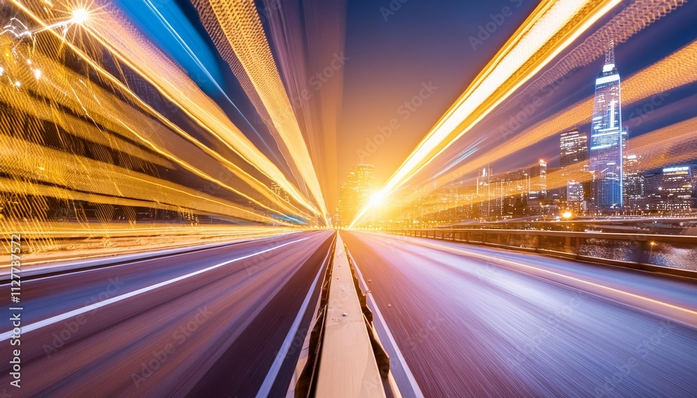 Obraz premium Abstract Futuristic Background Featuring High-Speed Straight Blue and Yellow Lines with Bokeh Glowing Neon Effects for Dynamic Visuals and Modern Design Aesthetics