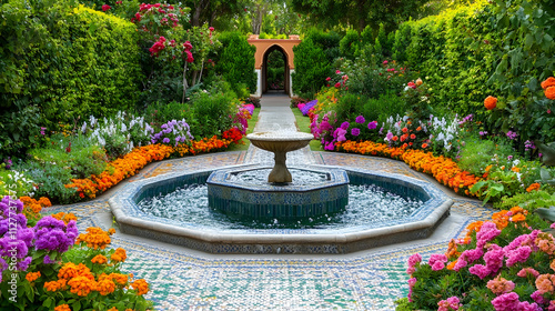 Marrakech Moroccan garden with tiled fountains and vibrant flowers, exotic cultural haven