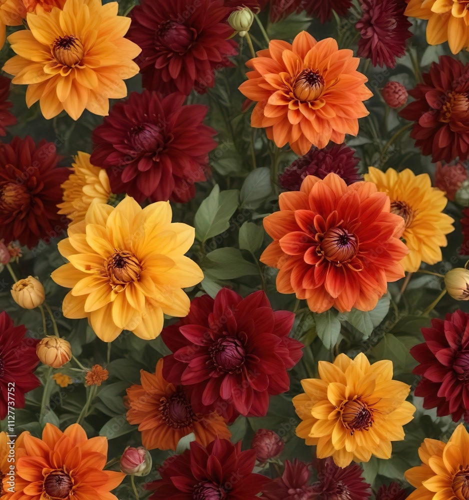 A delicate bouquet of dahlias in shades of burnt orange, golden yellow, and deep crimson, mixed flowers, earthy tones A delicate bouquet of dahlias in shades of burnt orange, golden yellow, and deep crimson, mixed flowers, earthy tones