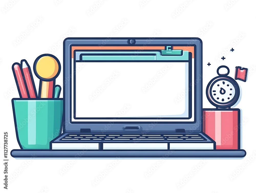 Fototapeta premium Laptop Workspace With Pencils Timer And Holder