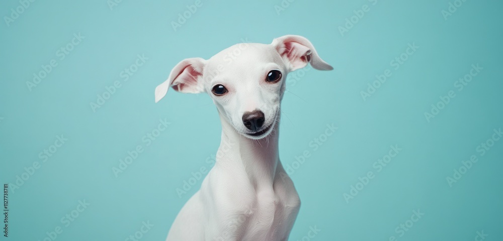 Adorable white Italian Greyhound puppy on a light blue background. Adorable white Italian Greyhound puppy on a light blue background.