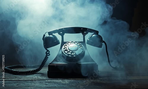 A vintage rotary phone surrounded by fog, evoking nostalgia and mystery.