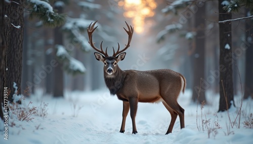 Majestic deer stands in snowy forest. Sunlight filters through trees. Winter wonderland scene. Wild animal in nature. Beautiful photo of wildlife. Perfect for eco tourism marketing, nature calendar photo