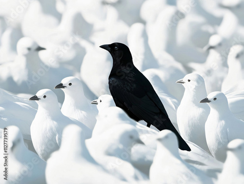 Black standing out among flock white bird striking contrast symbolism individuality uniqueness vibrant artistic wildlife photography scene crow Pigeon wallpaper wall art difference society us we group photo