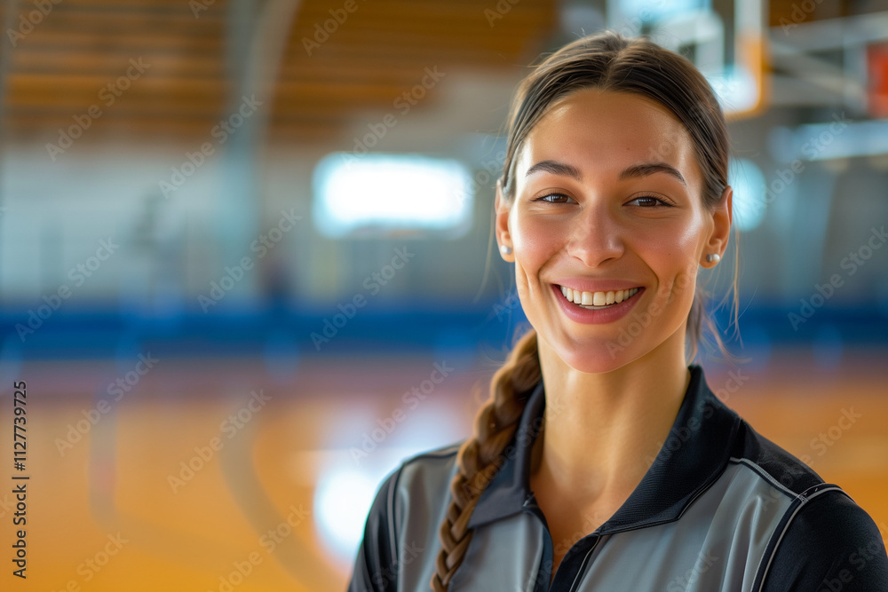 Female Basketball Referee in Uniform Smiling with Whistle Representing Leadership and Role as Authority in Sports