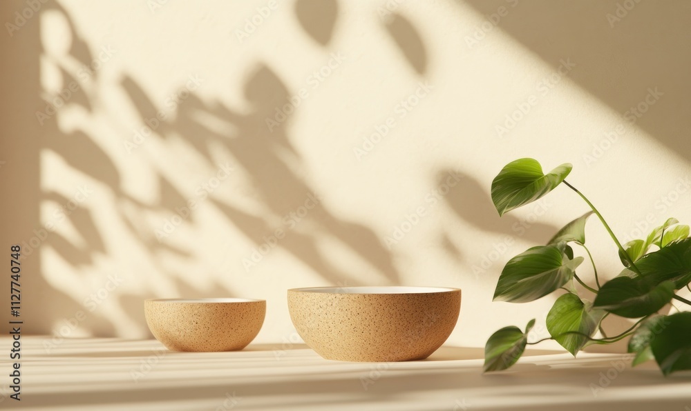Two beige bowls on wooden surface with plant and sunlight shadows. Two beige bowls on wooden surface with plant and sunlight shadows.