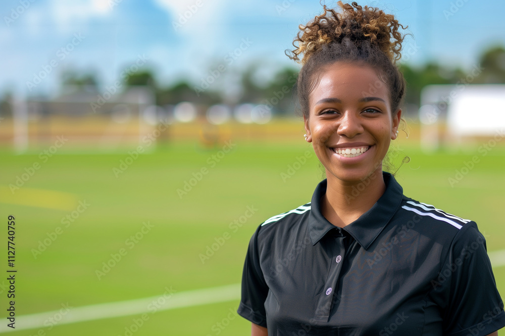 Female Soccer Referee Smiling on Sports Field with Whistle and Uniform Representing African Women's Leadership and Role as Game Official Female Soccer Referee Smiling on Sports Field with Whistle and Uniform Representing African Women's Leadership and Role as Game Official