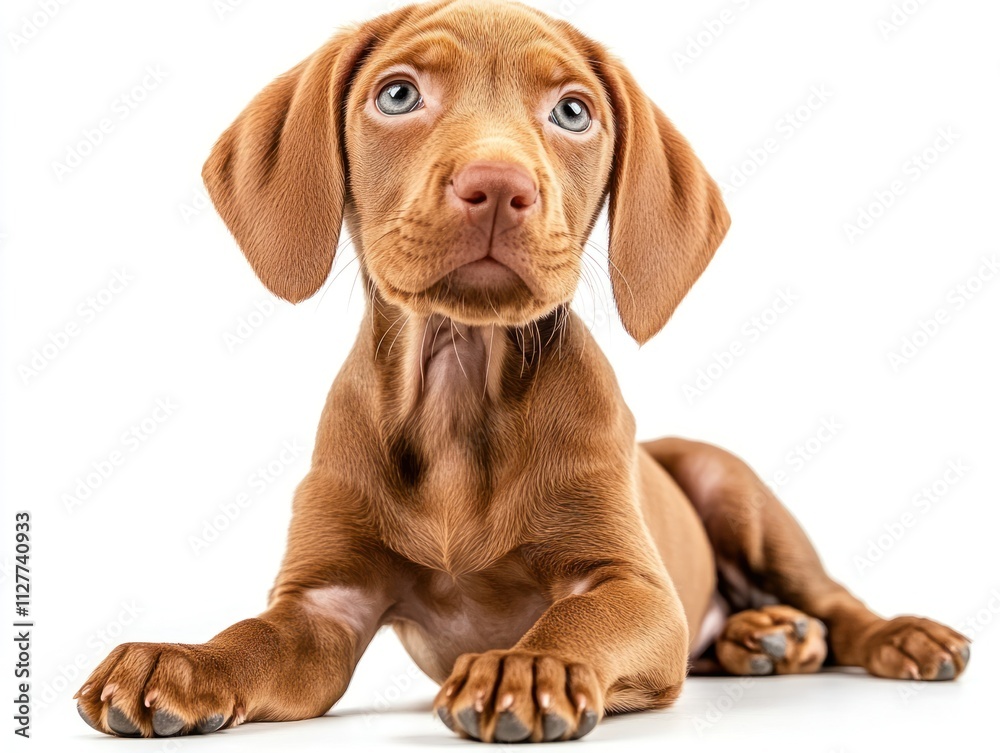 Adorable Vizsla puppy lying down, looking up. Adorable Vizsla puppy lying down, looking up.