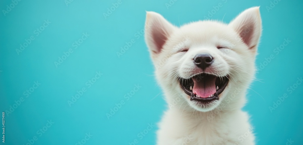 Happy white puppy smiling against a blue background. Happy white puppy smiling against a blue background.