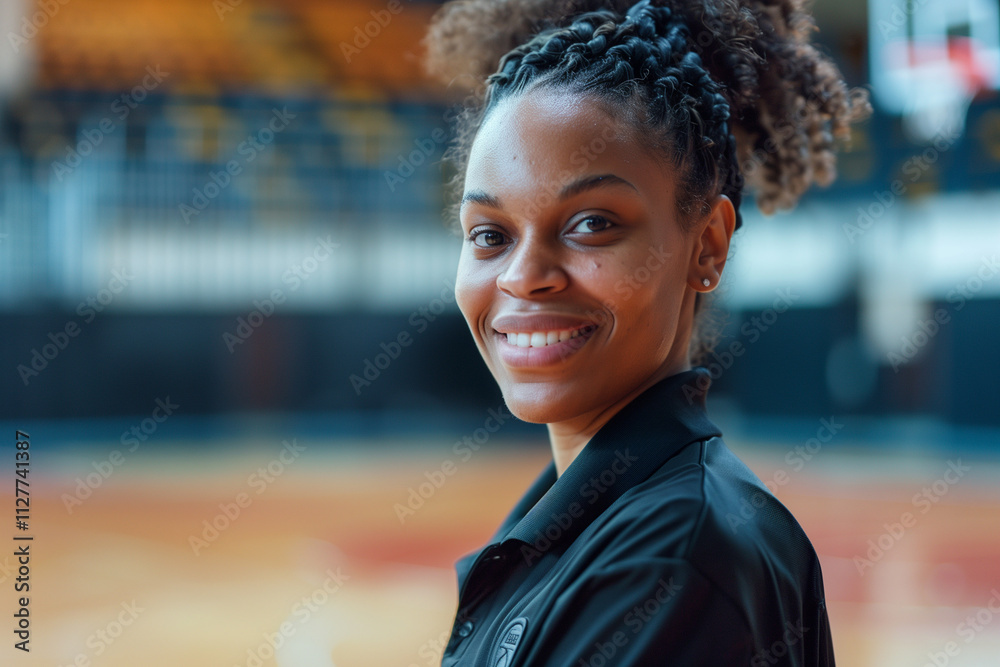 Female Basketball Referee in Uniform with Whistle Smiling on Sports Court Representing African American Women's Leadership in Sports Authority Female Basketball Referee in Uniform with Whistle Smiling on Sports Court Representing African American Women's Leadership in Sports Authority