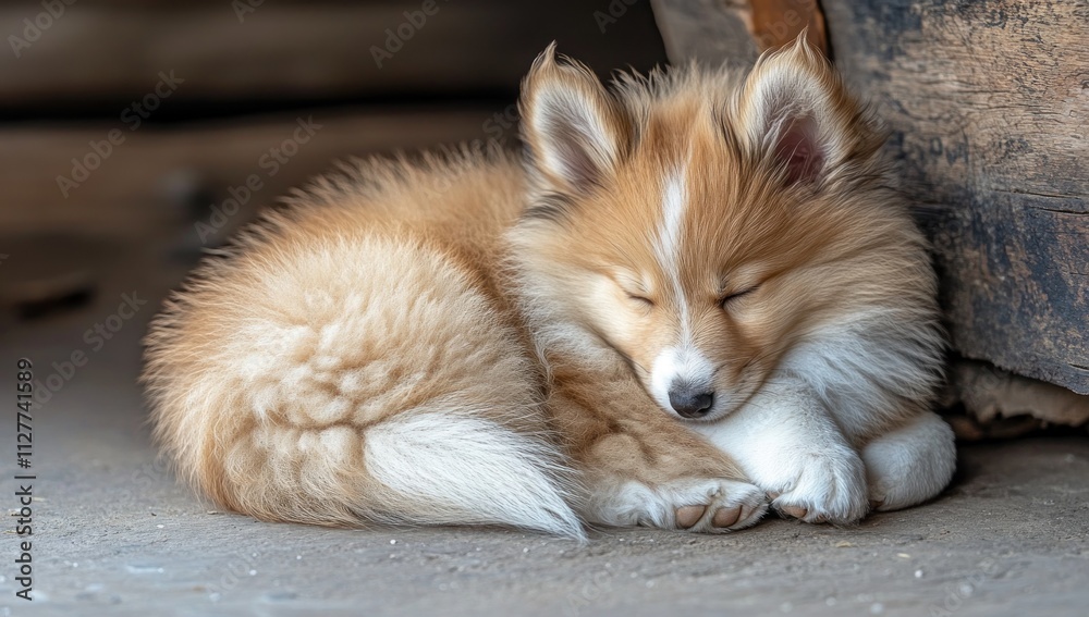 Adorable fluffy sable Shetland Sheepdog puppy sleeping curled up on a floor. Adorable fluffy sable Shetland Sheepdog puppy sleeping curled up on a floor.