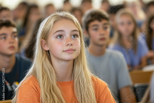 Portrait of a blonde girl with long hair and a focused expression, wearing an orange shirt, sitting among peers in a crowded high school classroom with student