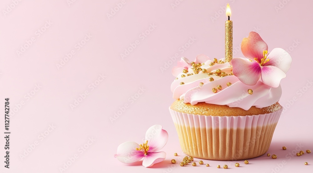 Pink cupcake with candle and flowers on pink background. Pink cupcake with candle and flowers on pink background.