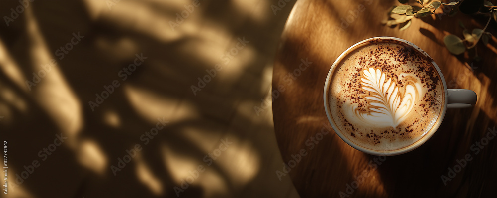 Top view of cup of cappuccino on rustic wooden table in a cozy cafe with copy space, panorama image Top view of cup of cappuccino on rustic wooden table in a cozy cafe with copy space, panorama image