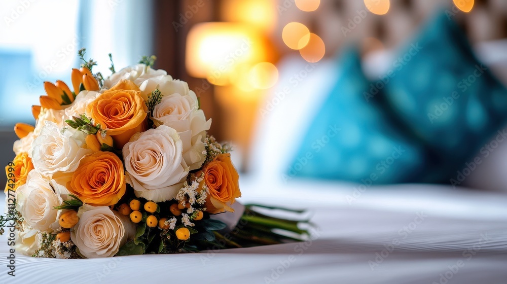 Obraz premium A stunning bouquet of orange and white roses beautifully arranged on a luxurious bed creates a captivating and enticing centerpiece for an elegant space, radiating love and beauty.
