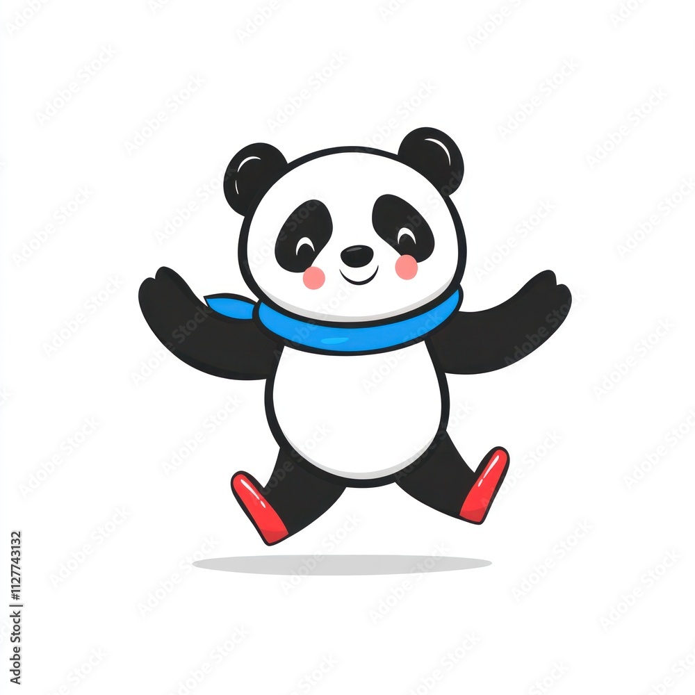 Happy jumping panda wearing a scarf and boots. Happy jumping panda wearing a scarf and boots.