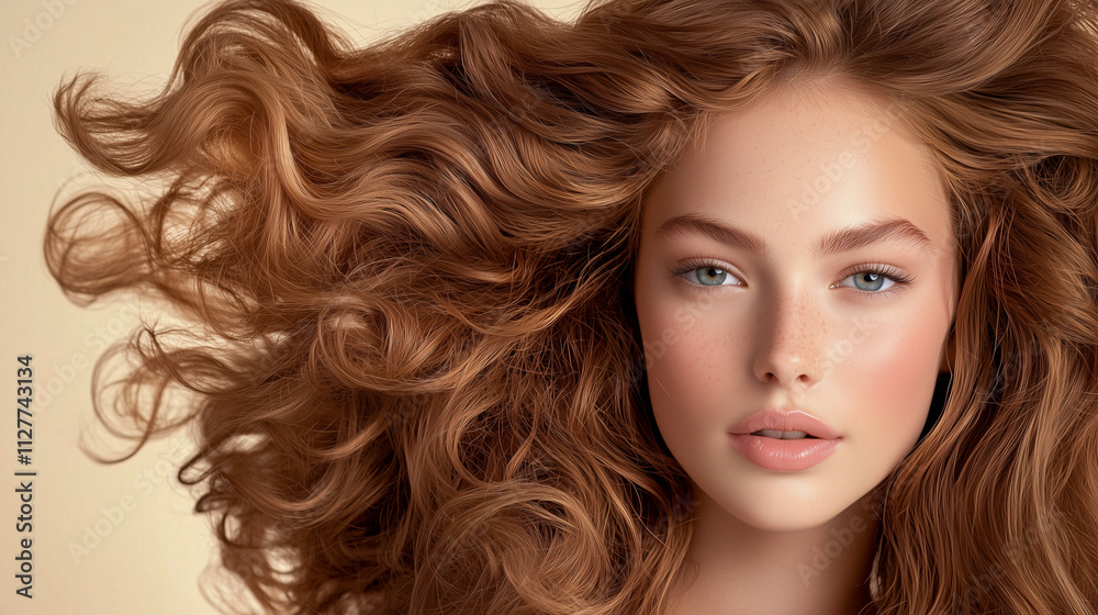 A woman with long, curly hair in a fashion magazine ad for professional shampoo and color products. A woman with long, curly hair in a fashion magazine ad for professional shampoo and color products.