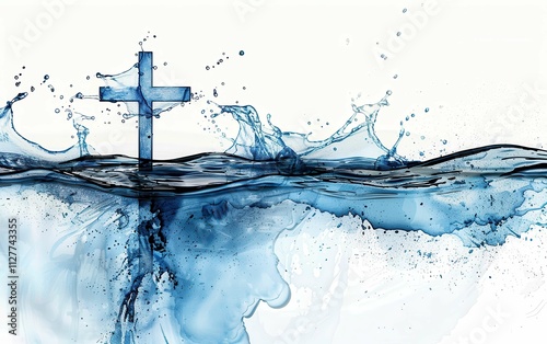 A serene image of a cross emerging from tranquil blue water, symbolizing peace and spirituality, evoking a sense of contemplation and connection to faith amidst nature's beauty.