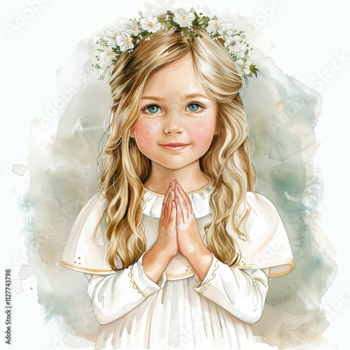 A serene young girl in a white dress, with a floral crown, is shown with her hands in prayer, embodying innocence and spirituality, perfect for themes of faith and purity. photo