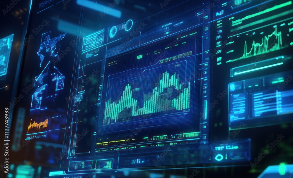 Futuristic digital dashboard displaying financial data, graphs, and world map. Futuristic digital dashboard displaying financial data, graphs, and world map.