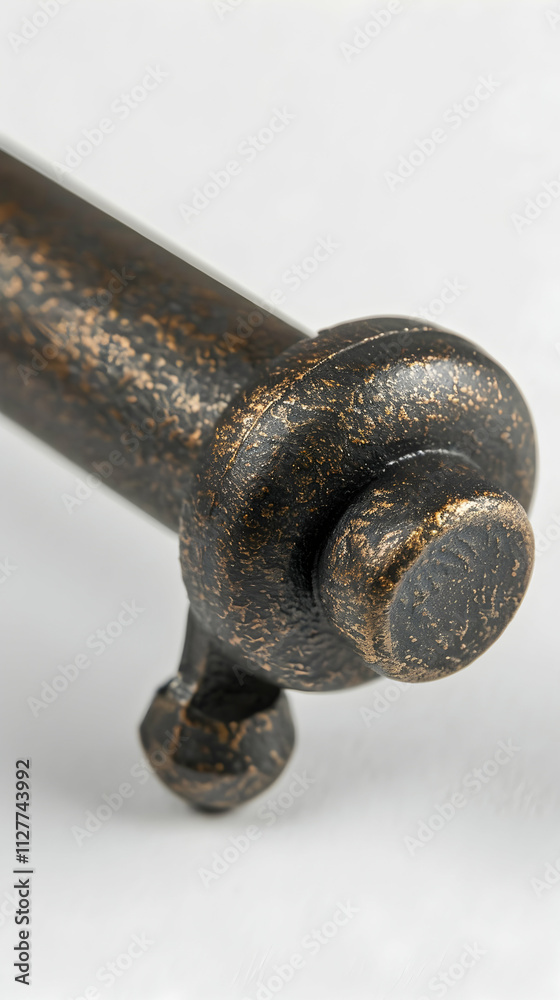 Close-up of a decorative metal rod with a rounded end and textured surface. Close-up of a decorative metal rod with a rounded end and textured surface.