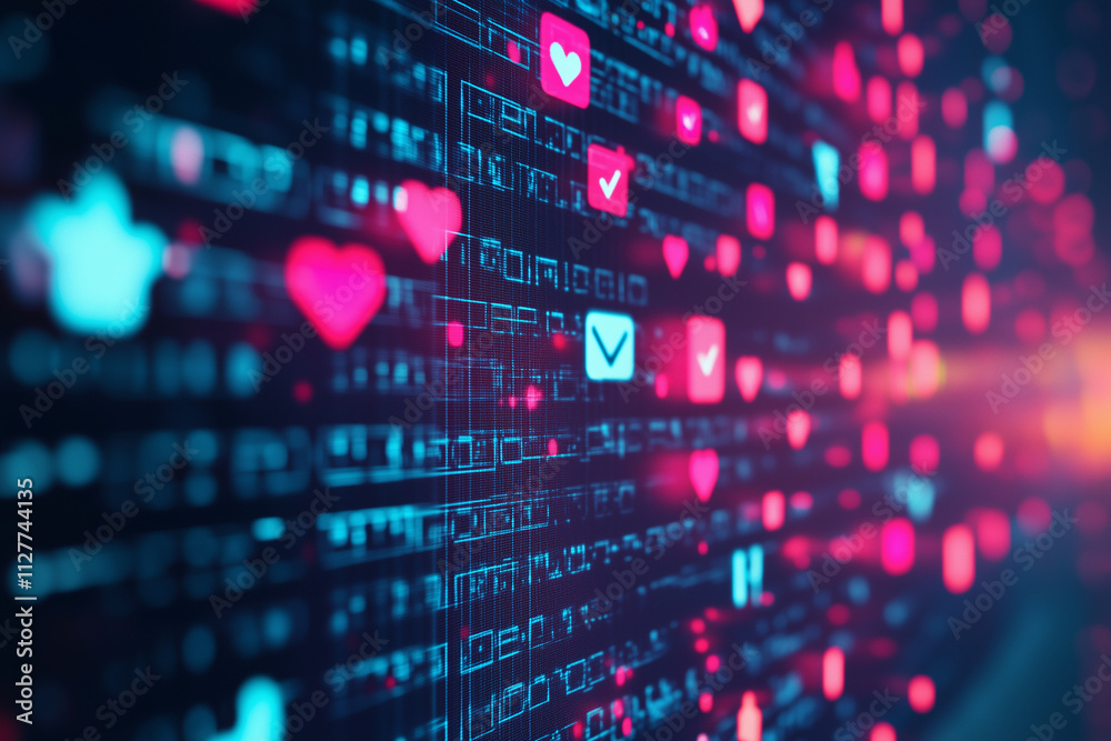 abstract blue digital screen background featuring glowing heart shapes and futuristic design elements