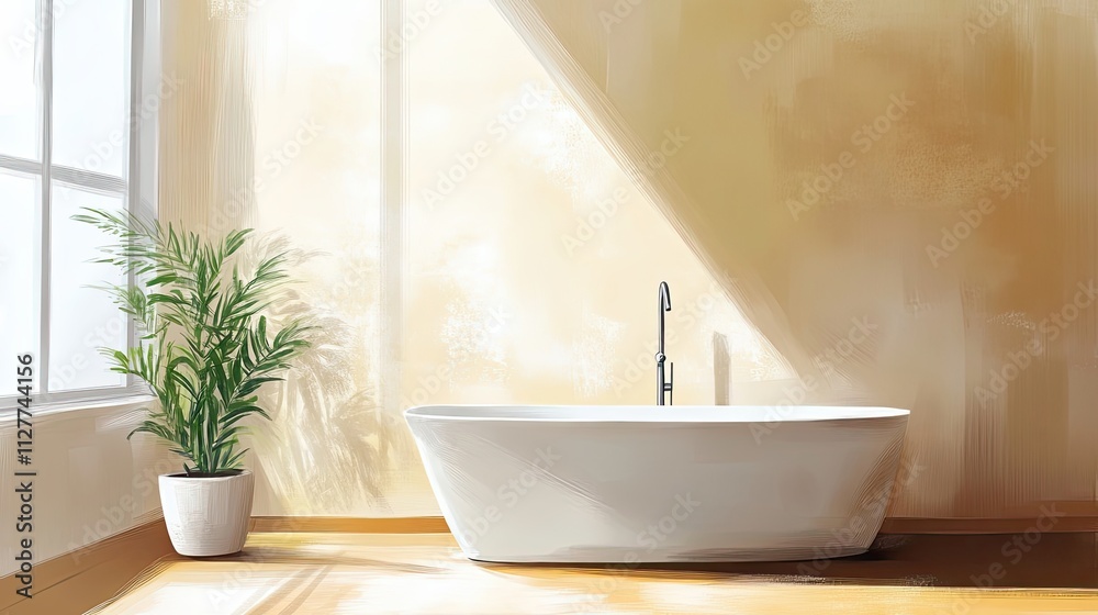 Modern Bathroom Design With Freestanding Tub And Plant Modern Bathroom Design With Freestanding Tub And Plant