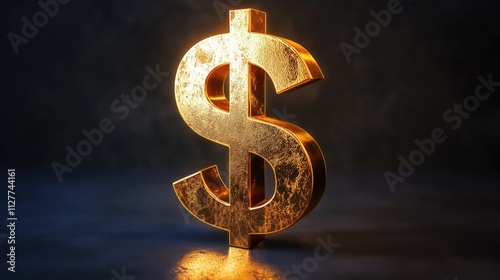 A shiny golden dollar sign sculpture illuminated against a dark background.