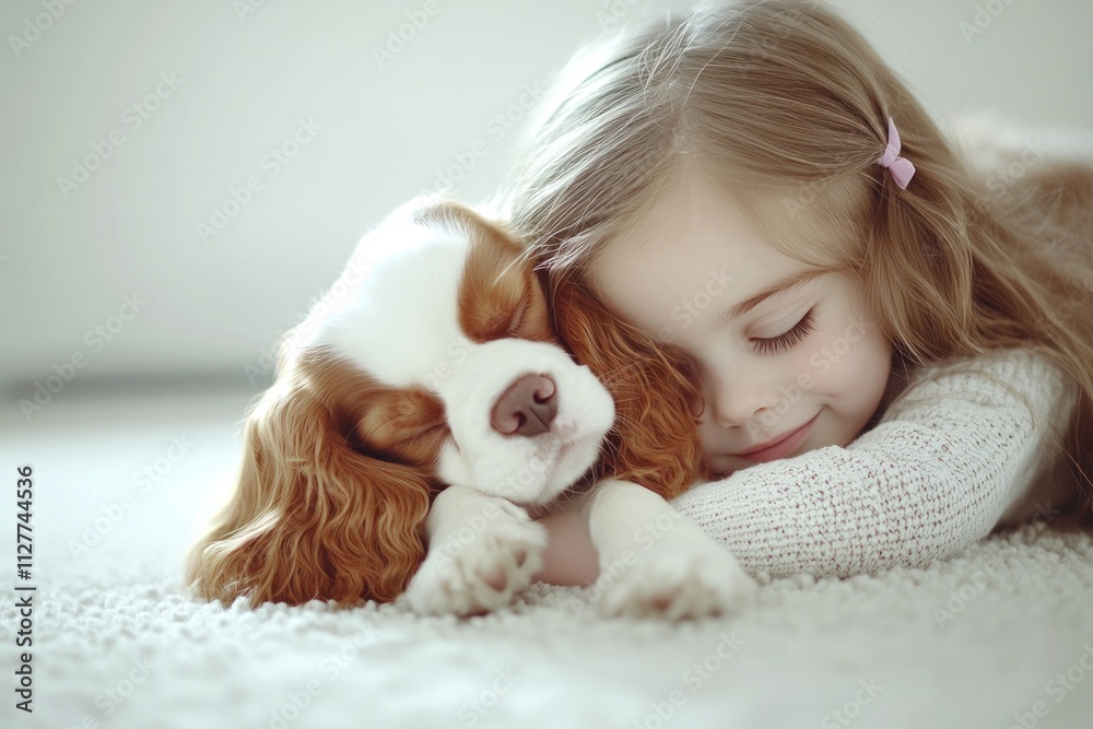 Girl and puppy sleeping together on carpet. Girl and puppy sleeping together on carpet.