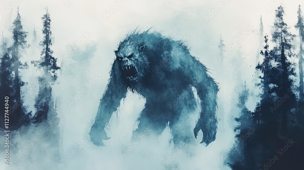 A fearsome beast emerges from a misty forest A fearsome beast emerges from a misty forest