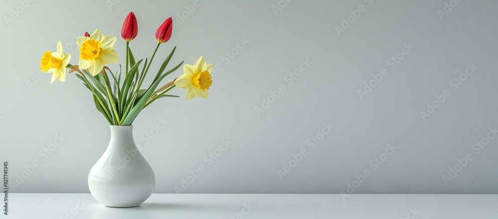 Daffodils and tulips in a white vase on a white table against a light grey wall. Daffodils and tulips in a white vase on a white table against a light grey wall.