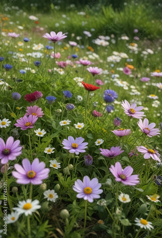 Anemone coronaria growing in a field with other wildflowers such as daisies and clover, daisies, clover, field of flowers Anemone coronaria growing in a field with other wildflowers such as daisies and clover, daisies, clover, field of flowers