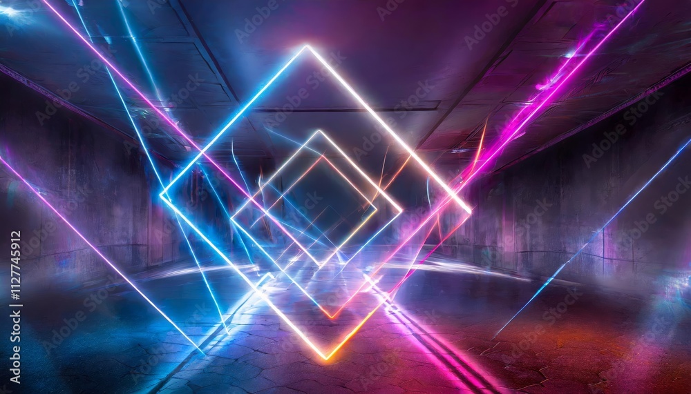 Abstract Neon Light Geometric Background: A Stunning Display of Glowing Neon Lines, Perfect for Creating an Empty Futuristic Stage with Laser Effects and Vibrant Visuals for Various Design