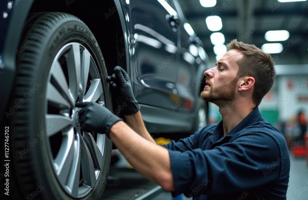 Mechanic carefully examines car tire. Focused on details. Tire shows wear and tear, likely needing replacement. Busy auto repair shop environment. Expert car maintenance. Precision work in progress. Mechanic carefully examines car tire. Focused on details. Tire shows wear and tear, likely needing replacement. Busy auto repair shop environment. Expert car maintenance. Precision work in progress.