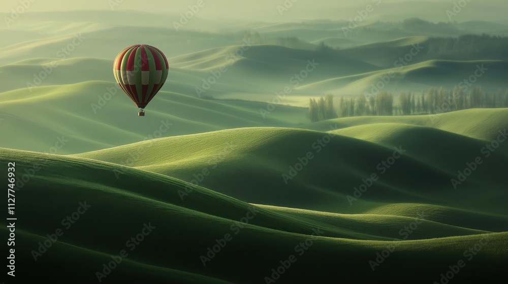 Obraz premium A colorful hot air balloon floating above lush green hills during sunrise.