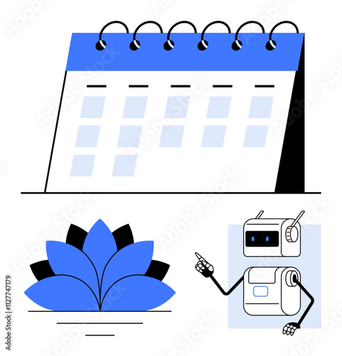 Desk calendar lotus flower, and robotic character suggesting organization, nature, and technology harmony. Ideal for planning, time management, nature, technology, productivity, creativity