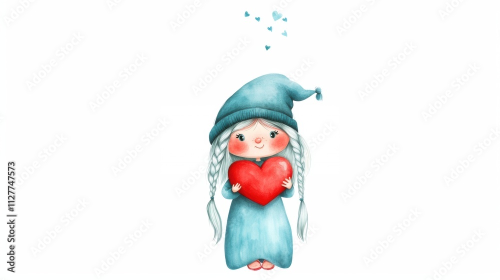Cute girl gnome with red heart for holiday decoration