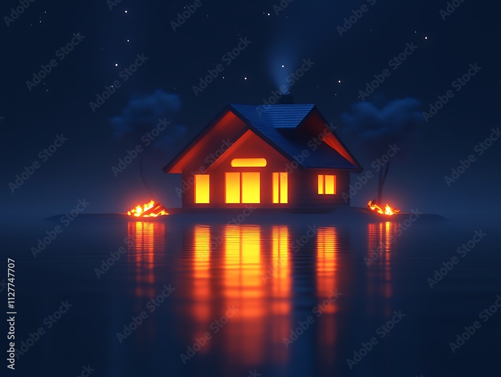 Illuminated House on Island at Night Illuminated House on Island at Night