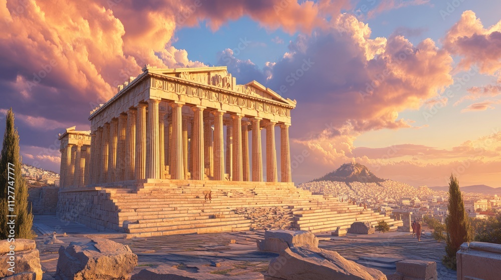 Fototapeta premium Sunset over Athenian Acropolis, ancient temple, city.