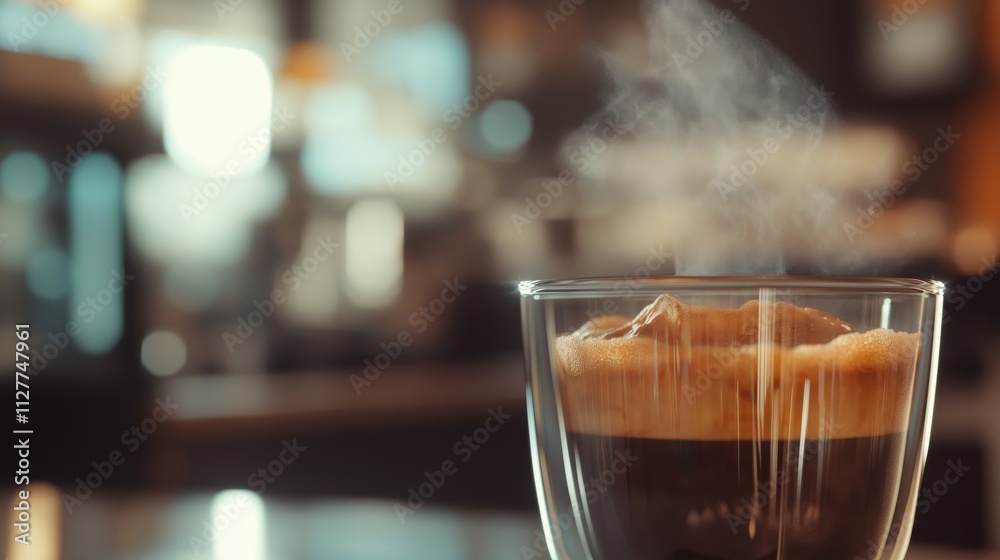 A steaming cup of espresso coffee served in a clear glass on a wooden table. A steaming cup of espresso coffee served in a clear glass on a wooden table.