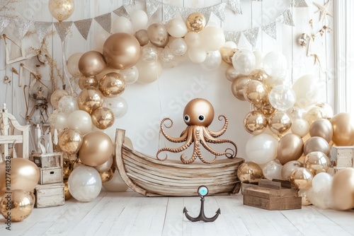 Octopus in boat, balloon arch, nautical theme, baby shower. photo